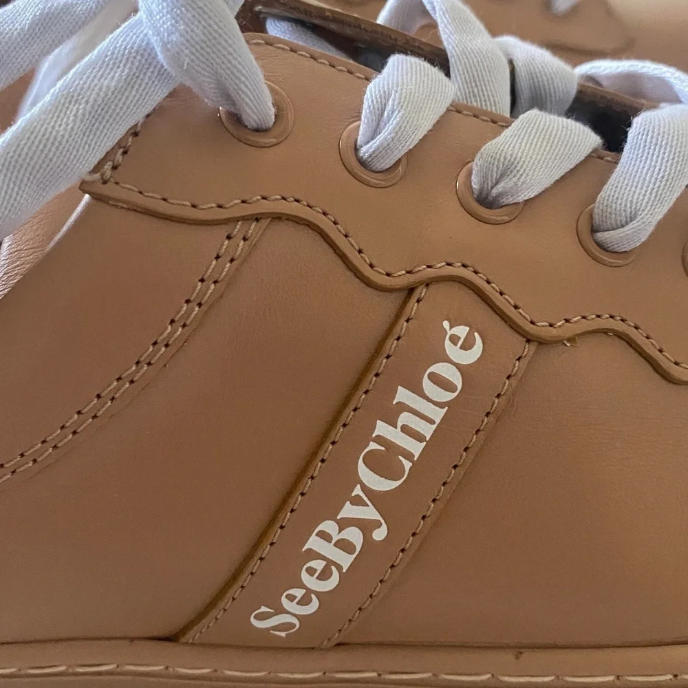 Like new! See By Chloe Essie Leather Tan Sneakers with White Laces